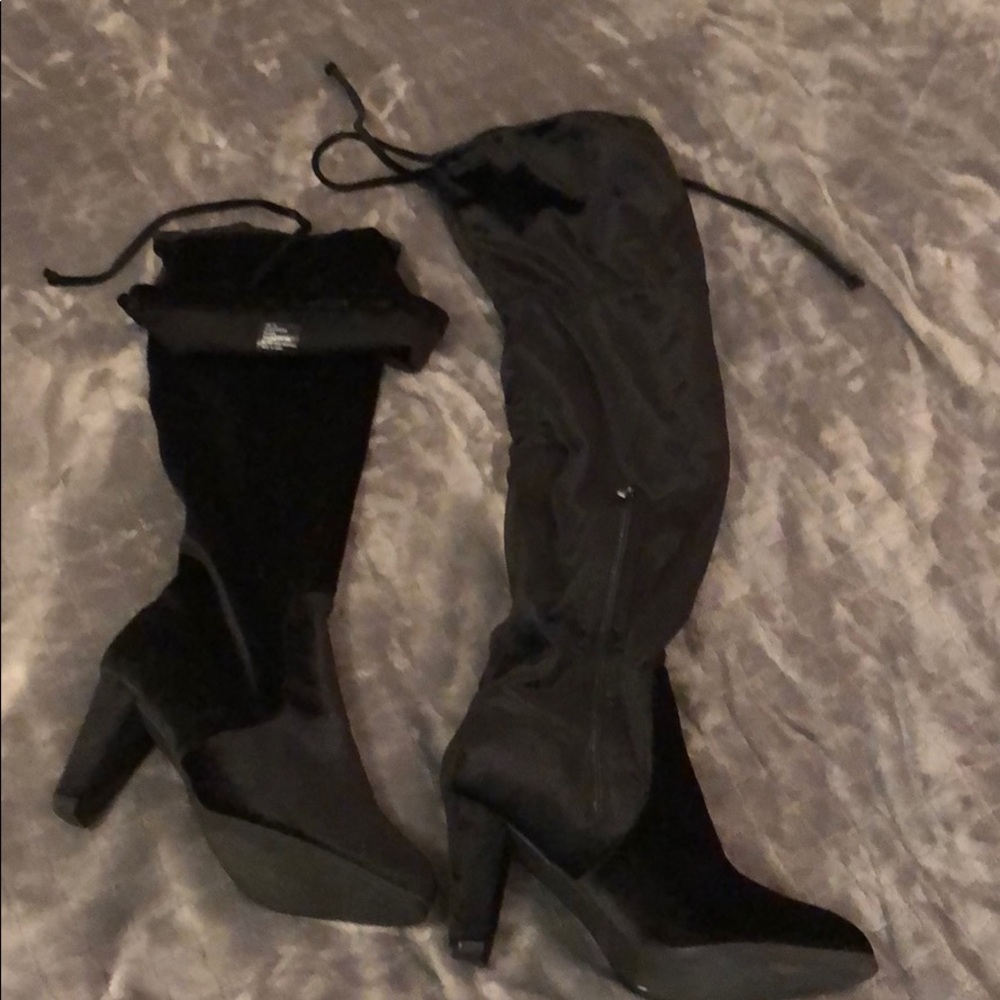Black velvet above the knee boots
